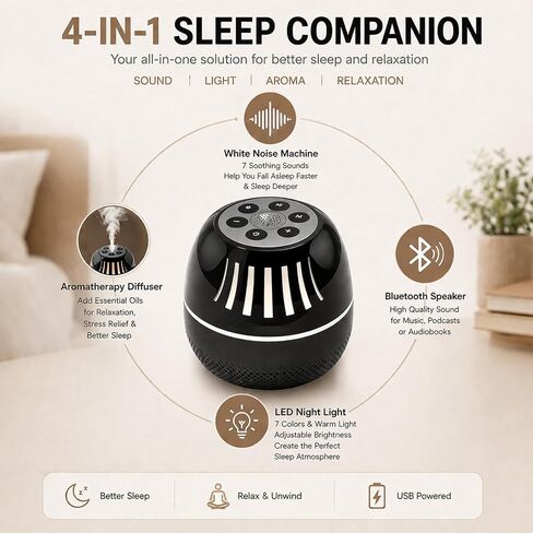 Portable Bluetooth Speaker with White Noise Machine, LED Color Lights, Aromatherapy Diffuser, Sleep Sound Machine for Sleep, Yoga, Home, Office & Bedroom, Gift for Women, Men, Kids & Friends in Saudi Arabia