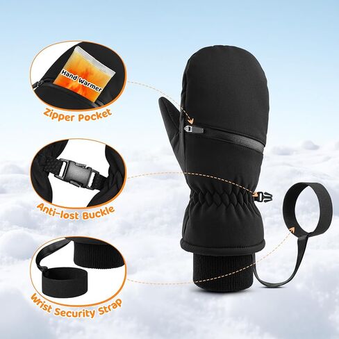 Braventure Kids Waterproof Winter Gloves: Warm Windproof Ski Gloves with Hand Warmer Pocket for Aged 12-14, Non-Slip Cold Weather Mittens for Skiing Snowboarding School Boys Girls Child Black in Saudi Arabia