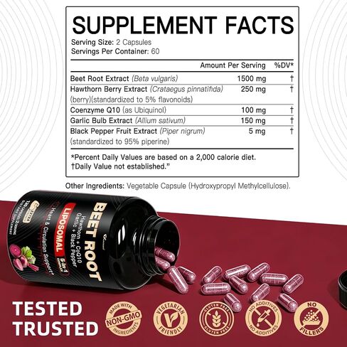 Beet Root Capules - Beet Root Powder with Hawthorn Berry, CoQ10, Garlic Bulb, Black Pepper for Heart & Circulation Support, Beetroot Supplement for Women and Men, 120 Capsules, 60-Day Supply in Saudi Arabia