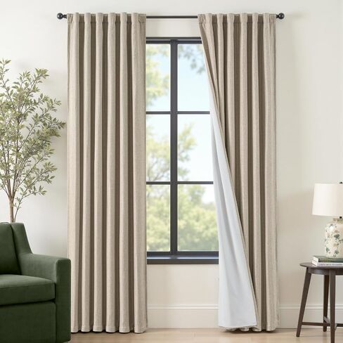 100% Blackout Curtains for Bedroom Decor White Linen Textured Curtains with Liner Insulated Thermal Curtains for Living Room 84 Inch Long 2 Panels Noise Reducing Blackout Drapes Back Tab Window Drapes in Kuwait