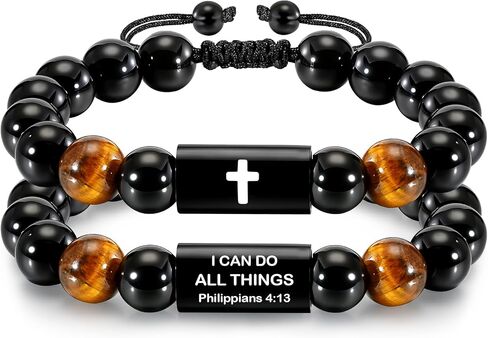 Bible Verse Cross Bracelet For Men Boys Natural Stones Handmade Obsidian Tiger Eye Stone Beaded Bracelets For Men Christian Stuff Accessories Confirmation Gifts For Boys Mens in Saudi Arabia