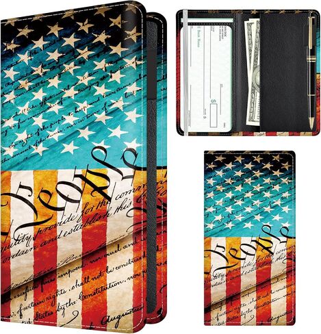 Checkbook Cover for Personal Checkbook, Cute PU Leather Check Book for Women & Men, Slim Checkbook Holder with Pen Holder and Built-in Clear Plastic Divider Constitution American Flag in Saudi Arabia