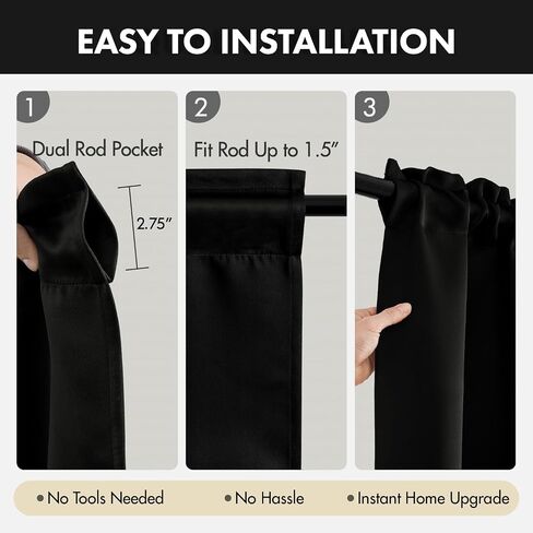 MIULEE Blackout Curtains 4 Panels Sets Black 63 Inch Length, Top and Bottom Rod Pocket Room Darkening Curtains for Bedroom Windows, 4 Pack Solid Thermal Insulated Light Blocking Curtain Drapes in Kuwait