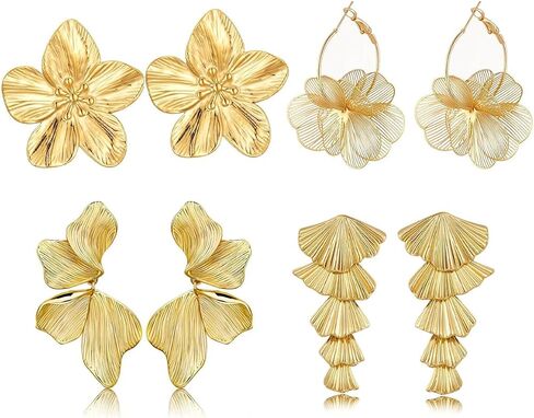 4 Pair Gold Statement Earrings for Women Chunky Gold Plated Flower Leaf Hoop Dangle Earring Trendy Jewelry Gift in Saudi Arabia