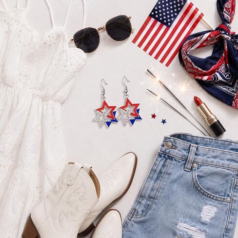 4th of July Earrings Outfit Accessories for Women Patriotic Red White Blue Star Dangle Earrings American Flag Style Rhinestone Jewelry for USA Independence Day Memorial Day Outfit Accessories in Kuwait