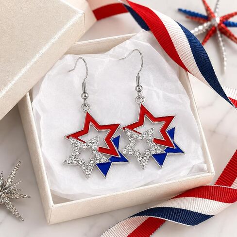 4th of July Earrings Outfit Accessories for Women Patriotic Red White Blue Star Dangle Earrings American Flag Style Rhinestone Jewelry for USA Independence Day Memorial Day Outfit Accessories in Kuwait