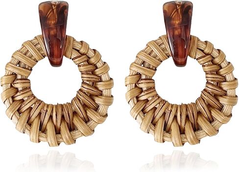 Bohemian Handmade Raffia Rattan Round Drop Dangle Earrings for Women, Lightweight Summer Beach Boho Woven Circle Statement, Cute Fun Versatile Earrings in Saudi Arabia