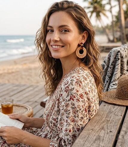 Bohemian Handmade Raffia Rattan Round Drop Dangle Earrings for Women, Lightweight Summer Beach Boho Woven Circle Statement, Cute Fun Versatile Earrings in Saudi Arabia