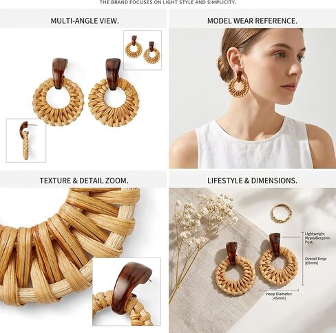 Bohemian Handmade Raffia Rattan Round Drop Dangle Earrings for Women, Lightweight Summer Beach Boho Woven Circle Statement, Cute Fun Versatile Earrings in Saudi Arabia