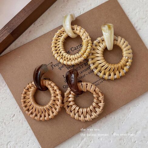 Bohemian Handmade Raffia Rattan Round Drop Dangle Earrings for Women, Lightweight Summer Beach Boho Woven Circle Statement, Cute Fun Versatile Earrings in Saudi Arabia