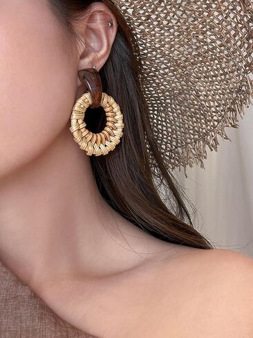 Bohemian Handmade Raffia Rattan Round Drop Dangle Earrings for Women, Lightweight Summer Beach Boho Woven Circle Statement, Cute Fun Versatile Earrings in Saudi Arabia