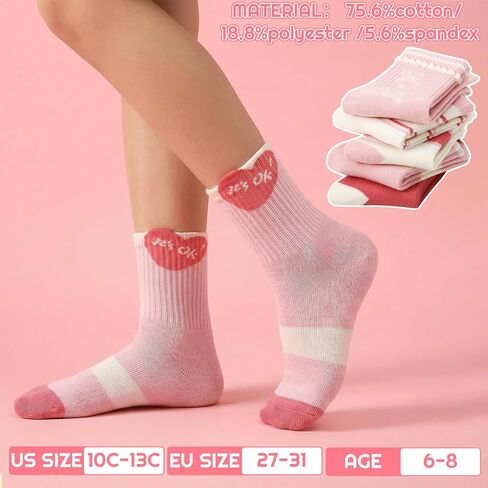 Cute Girls Socks, Kids Athletic Crew Sock with Hearts Stripes, Breathable Basketball School Uniform Sock in Kuwait