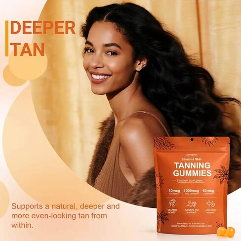 Savanna Skin Tanning Gummies for Women with Astaxanthin, Beta Carotene & Vitamins – Sun-Kissed Glow, Skin Hydration & Radiance, Vegan & Sugar-Free Natural Bronzing Support – 90 Count in Kuwait