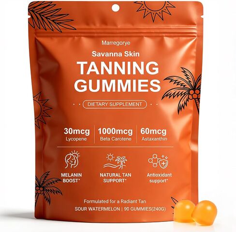 Savanna Skin Tanning Gummies – Tanning Gummies for Women – Astaxanthin, Beta-Carotene, Lycopene & Vitamins C&E – Vegan, Gluten-Free, Sour Watermelon – Radiant Skin & Natural Bronze Glow – 90 Gummies in Saudi Arabia