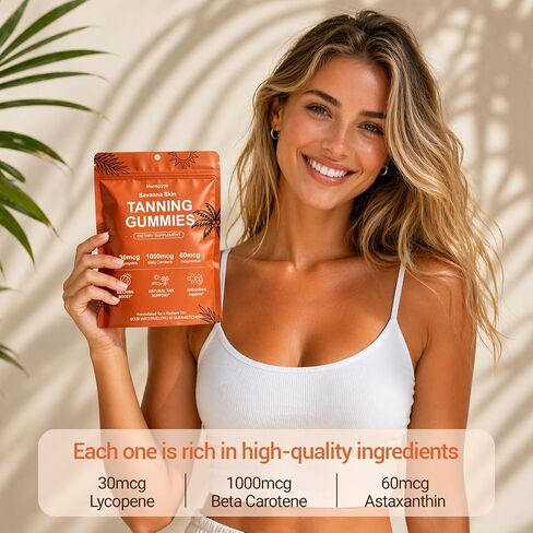 Savanna Skin Tanning Gummies – Tanning Gummies for Women – Astaxanthin, Beta-Carotene, Lycopene & Vitamins C&E – Vegan, Gluten-Free, Sour Watermelon – Radiant Skin & Natural Bronze Glow – 90 Gummies in Saudi Arabia