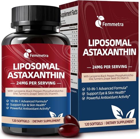 Liposomal Astaxanthin 24mg Supplements with Lycopene for Skin & Eye Health Support, 10-in-1 Max Strength Astaxanthin Antioxidant Supplement, Fresh Microalgae Source, Non-GMO, 120 Softgels in Saudi Arabia