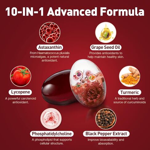 Liposomal Astaxanthin 24mg Supplements with Lycopene for Skin & Eye Health Support, 10-in-1 Max Strength Astaxanthin Antioxidant Supplement, Fresh Microalgae Source, Non-GMO, 120 Softgels in Saudi Arabia