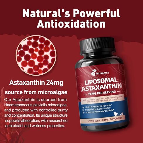 Liposomal Astaxanthin 24mg Supplements with Lycopene for Skin & Eye Health Support, 10-in-1 Max Strength Astaxanthin Antioxidant Supplement, Fresh Microalgae Source, Non-GMO, 120 Softgels in Saudi Arabia