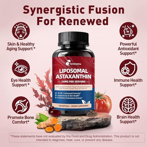 Liposomal Astaxanthin 24mg Supplements with Lycopene for Skin & Eye Health Support, 10-in-1 Max Strength Astaxanthin Antioxidant Supplement, Fresh Microalgae Source, Non-GMO, 120 Softgels in Saudi Arabia