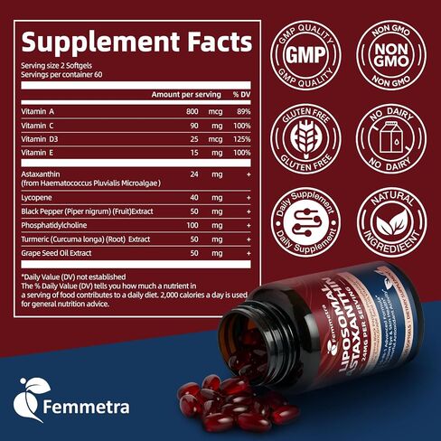 Liposomal Astaxanthin 24mg Supplements with Lycopene for Skin & Eye Health Support, 10-in-1 Max Strength Astaxanthin Antioxidant Supplement, Fresh Microalgae Source, Non-GMO, 120 Softgels in Saudi Arabia