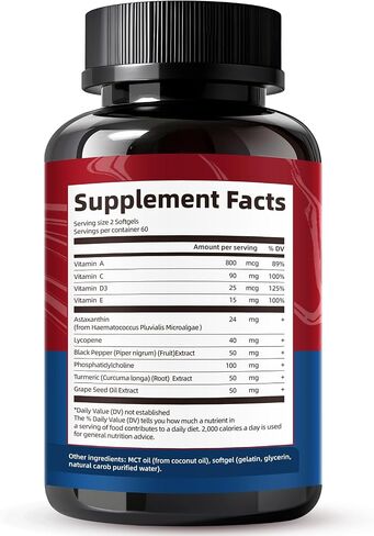 Liposomal Astaxanthin 24mg Supplements with Lycopene for Skin & Eye Health Support, 10-in-1 Max Strength Astaxanthin Antioxidant Supplement, Fresh Microalgae Source, Non-GMO, 120 Softgels in Saudi Arabia