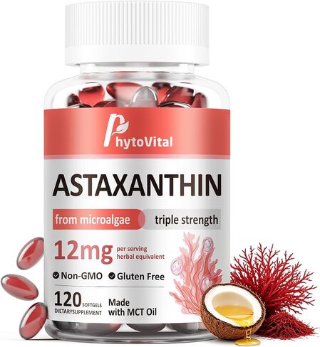 Astaxanthin 12mg with MCT Oil, 60 Softgels (2-Month Supply) – Triple Strength Antioxidant Supplement from Haematococcus Pluvialis – Non-GMO, Gluten-Free, Vegan in Saudi Arabia