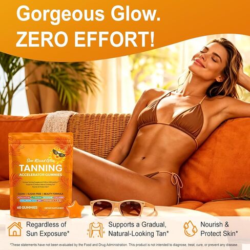 Tanning Gummies Accelerator - Sunless Tanning Supplement for a Natural Golden Glow, Sugar Free Melanin Booster with Astaxanthin, L-Tyrosine, Collagen & Vitamins for Women and Men in Kuwait