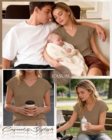 Women's Nursing Shirts for Breastfeeding with Hidden Zipper V Neck Cap Sleeve Tops Maternity Tee Clothes in Kuwait