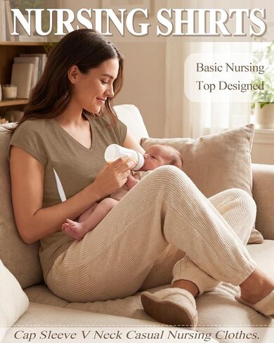 Women's Nursing Shirts for Breastfeeding with Hidden Zipper V Neck Cap Sleeve Tops Maternity Tee Clothes in Kuwait