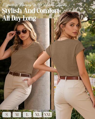 Women's Nursing Shirts for Breastfeeding with Hidden Zipper V Neck Cap Sleeve Tops Maternity Tee Clothes in Kuwait