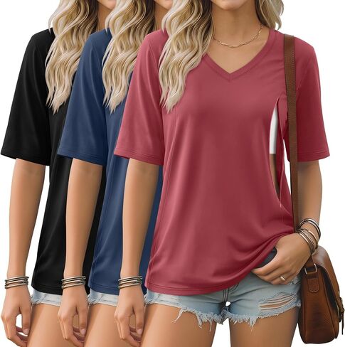 Neer 3 Pack Women's Nursing Shirts for Breastfeeding with Hidden Zippers V Neck Half Sleeves Postpartum Tee Maternity Tops in Saudi Arabia