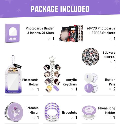 Album Gift Set, Including 100 Stickers, 60 Photocards, 3 Inches Photocards Binder, 3 Bracelets, 3 Inches Photocard Holder, 2 Button Pins, Foldable Mirror, Acrylic Chibi Keychain, Phone Ring Holder in Saudi Arabia