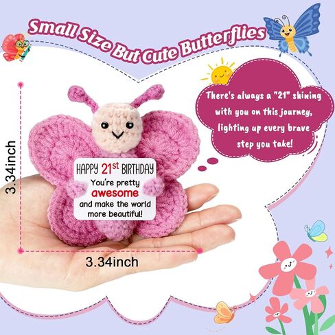Pink Crochet Butterfly 21st Birthday Gift for Her, Handmade 4" Amigurumi Plush with “Happy 21st Birthday" Sign, Cute Desk Decor, Small Stuffed Butterfly for Daughter Niece Friend Bestie in Kuwait