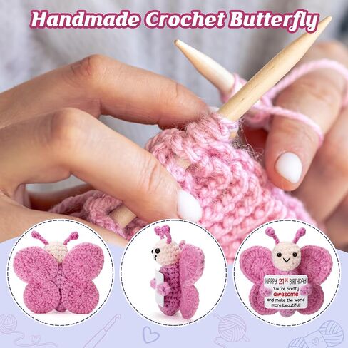 Pink Crochet Butterfly 21st Birthday Gift for Her, Handmade 4" Amigurumi Plush with “Happy 21st Birthday" Sign, Cute Desk Decor, Small Stuffed Butterfly for Daughter Niece Friend Bestie in Kuwait