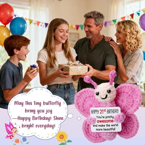 Pink Crochet Butterfly 21st Birthday Gift for Her, Handmade 4" Amigurumi Plush with “Happy 21st Birthday" Sign, Cute Desk Decor, Small Stuffed Butterfly for Daughter Niece Friend Bestie in Kuwait