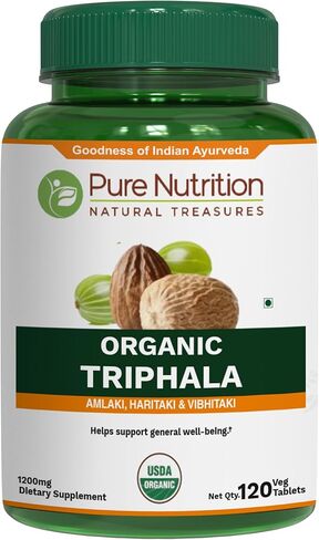 Pure Nutrition Organic Triphala Tablet - 1200mg | 120 Count | USDA Organic | Powerful Blend of Amlaki + Haritaki + Bibhitaki to Support Healthy Digestion | Non-GMO | Gluten-Free in Saudi Arabia