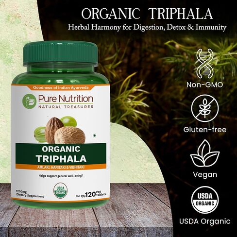 Pure Nutrition Organic Triphala Tablet - 1200mg | 120 Count | USDA Organic | Powerful Blend of Amlaki + Haritaki + Bibhitaki to Support Healthy Digestion | Non-GMO | Gluten-Free in Saudi Arabia