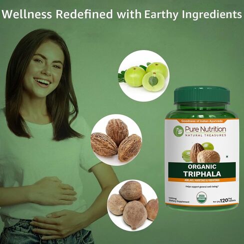 Pure Nutrition Organic Triphala Tablet - 1200mg | 120 Count | USDA Organic | Powerful Blend of Amlaki + Haritaki + Bibhitaki to Support Healthy Digestion | Non-GMO | Gluten-Free in Saudi Arabia