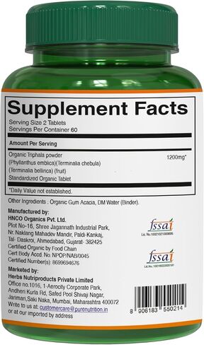 Pure Nutrition Organic Triphala Tablet - 1200mg | 120 Count | USDA Organic | Powerful Blend of Amlaki + Haritaki + Bibhitaki to Support Healthy Digestion | Non-GMO | Gluten-Free in Saudi Arabia
