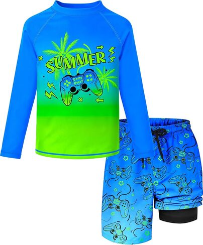 Boys Rash Guard Swim Set with Swim Trunk Two Piece Bathing Suit Long Sleeve Swim Shirt Quick Dry Swimsuit Kids Swimwear 7-16Y in Kuwait