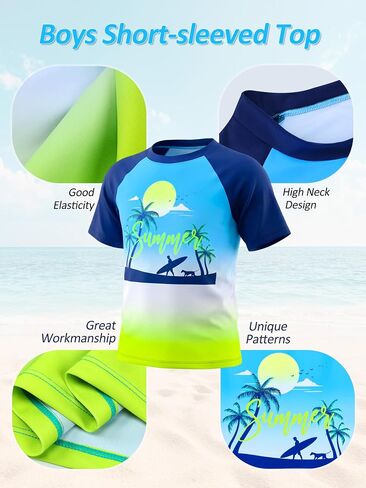 Cooraby 2 Piece Boys Swim Set Rash Guard UPF 50+ Quick-Dry Swimwear with Drawstring Pockets Beach Swimsuits 7-14 Years in Saudi Arabia