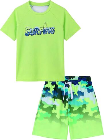 Cooraby 2 Piece Boys Swim Set Rash Guard UPF 50+ Quick-Dry Swimwear with Drawstring Pockets Beach Swimsuits 7-14 Years in Saudi Arabia