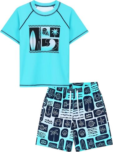 Cooraby 2 Piece Boys Swim Set Rash Guard UPF 50+ Quick-Dry Swimwear with Drawstring Pockets Beach Swimsuits 7-14 Years in Saudi Arabia