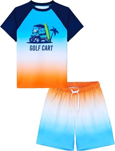 Cooraby 2 Piece Boys Swim Set Rash Guard UPF 50+ Quick-Dry Swimwear with Drawstring Pockets Beach Swimsuits 7-14 Years in Saudi Arabia