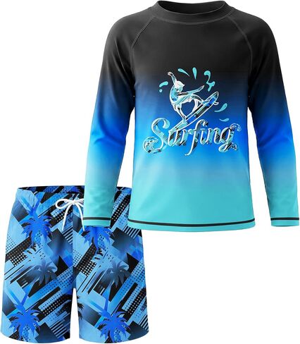 Boys Two Piece Rash Guard Swim Set Kids Long Sleeve Swimsuits with Swim Trunks Quick Dry Bathing Suit in Saudi Arabia