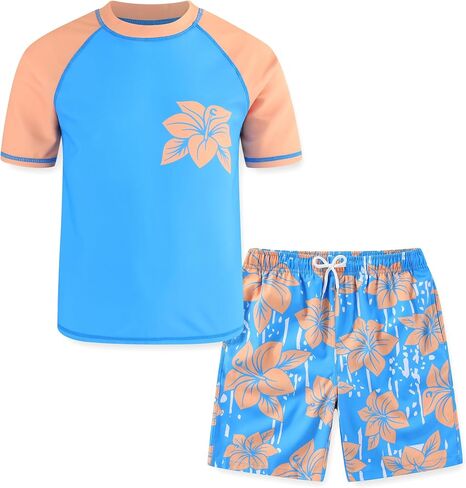 طقم سباحة للأولاد من Rash Guard مع سروال سباحة ثوب سباحة بأكمام قصيرة وقميص سباحة سريع الجفاف ملابس سباحة للأطفال مقاس 4-16 in Saudi Arabia