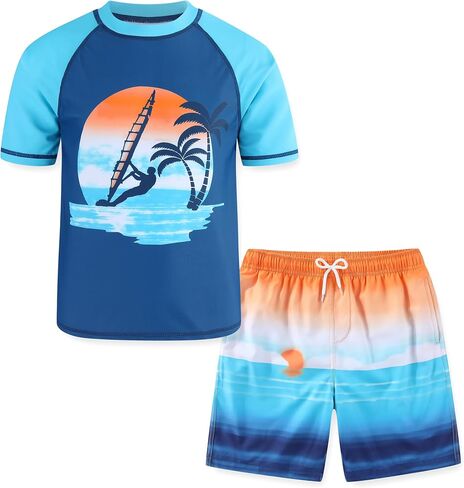 طقم سباحة للأولاد من Rash Guard مع سروال سباحة ثوب سباحة بأكمام قصيرة وقميص سباحة سريع الجفاف ملابس سباحة للأطفال مقاس 4-16 in Saudi Arabia