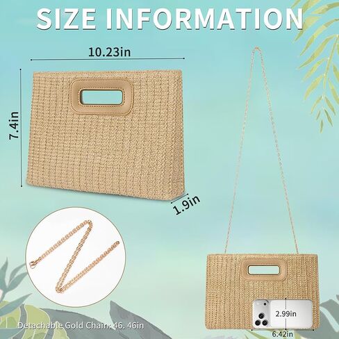 Beach Clutch Bag Straw Summer Clutch Purses for Women Handmade Woven Purse Detachable Gold Chain, Crossbody in Kuwait