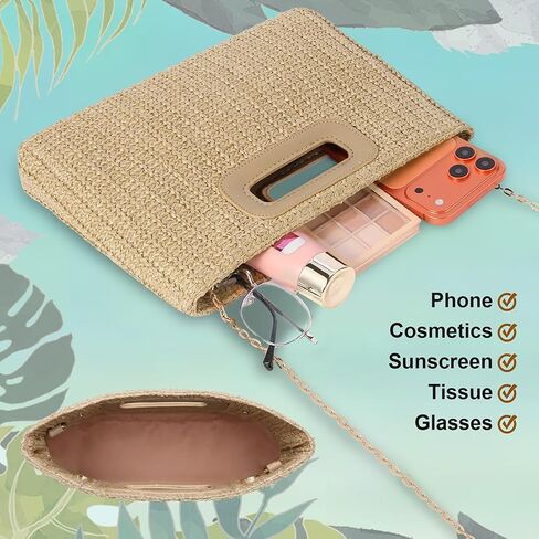 Beach Clutch Bag Straw Summer Clutch Purses for Women Handmade Woven Purse Detachable Gold Chain, Crossbody in Kuwait