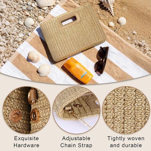 Beach Clutch Bag Straw Summer Clutch Purses for Women Handmade Woven Purse Detachable Gold Chain, Crossbody in Kuwait